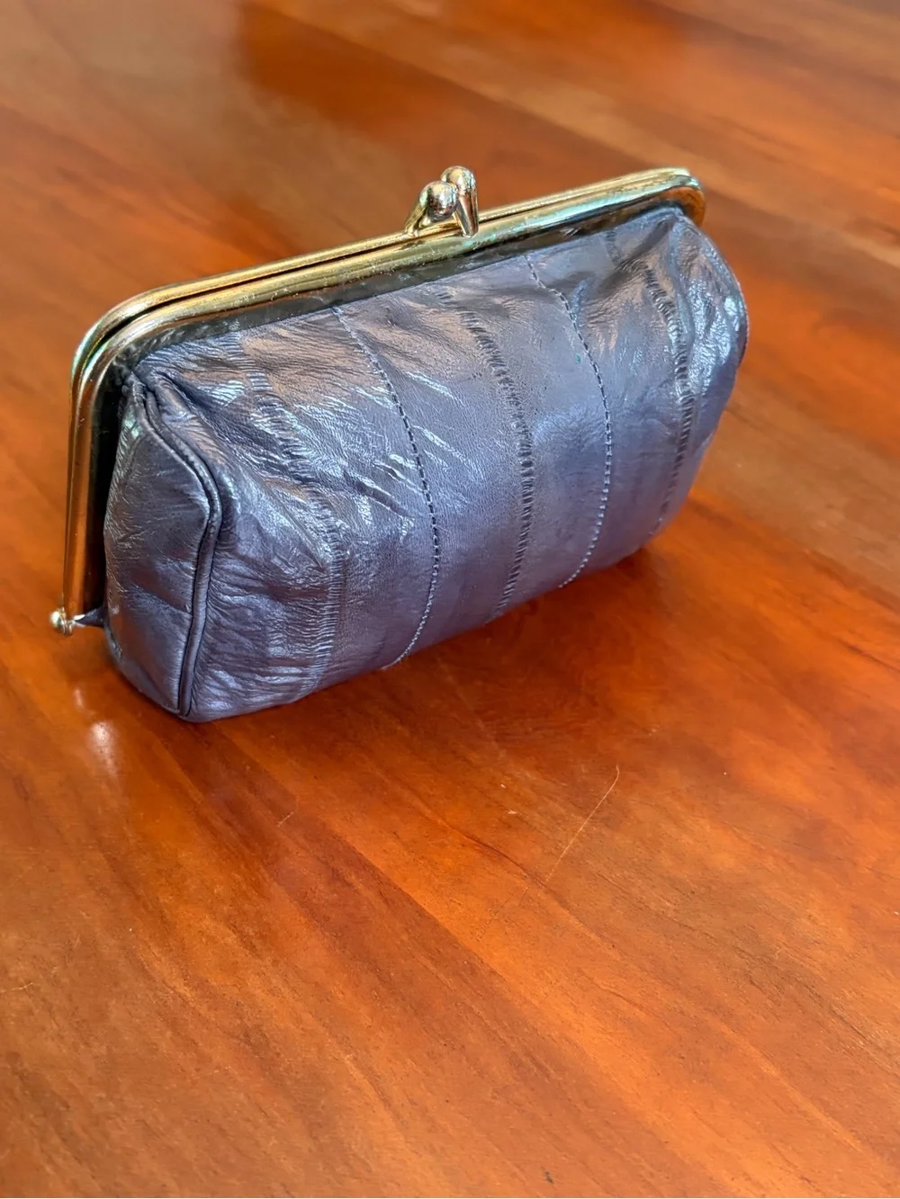 Classic Kiss-Lock Leather Clutch Wallet Cosmetic Case Eel Skin Grey